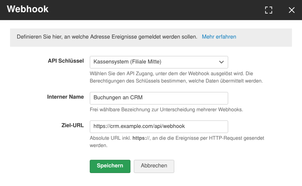 Dialog for defining a webhook with selection box for API key, internal name and absolute target URL