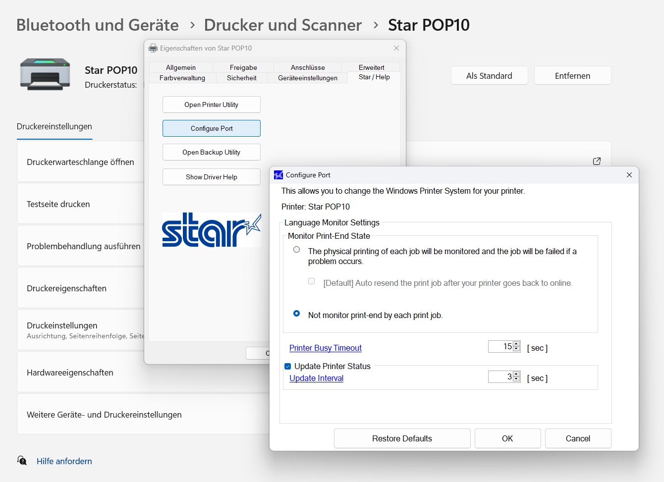 Windows Printer Properties: Star / Help tab, Configure Port dialog with selected option "Not monitor print-end by each print job"